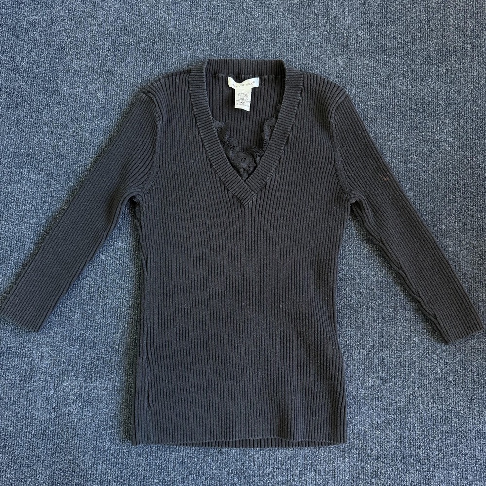 Vintage August Silk Sweater Womens Large Black V Neck‎ Crochet 3/4 Sleeve Slim
